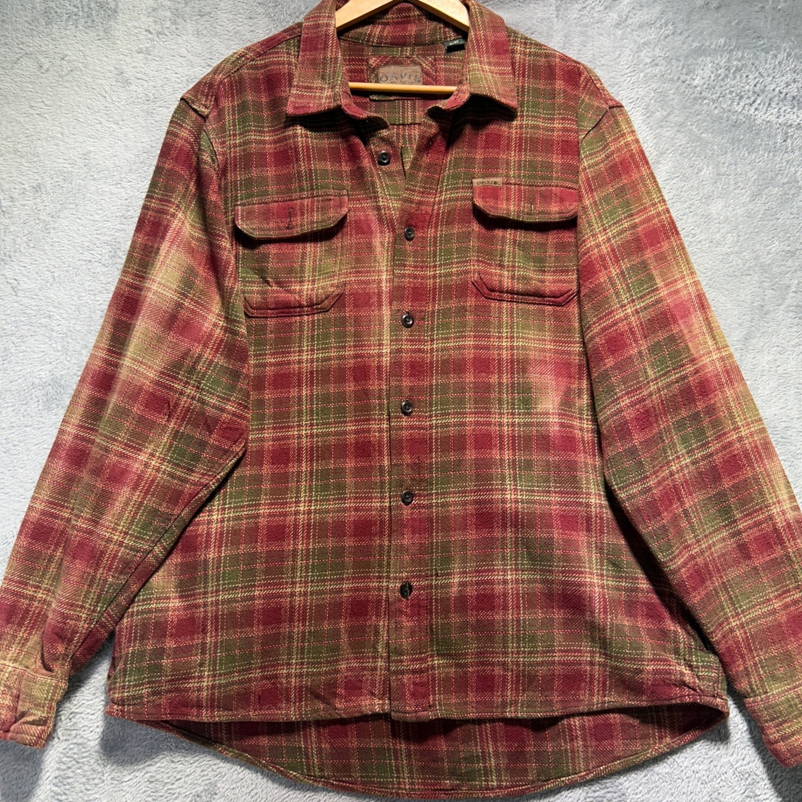 Orvis Mens Xl Red Olive Green Plaid Heavyweight Flannel Button Down Shirt